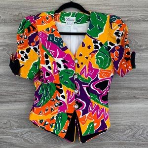 80’s abstract green purple yellow black short sleeve party blouse top bow